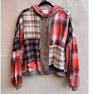 Oli & Hali Patchwork Plaid Zip Up Hoodie Shacket Boho Eclectic Oversized Grunge